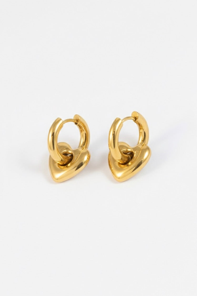 GOLD PUFFY HEART CHARM HUGGIE HOOP EARRINGS