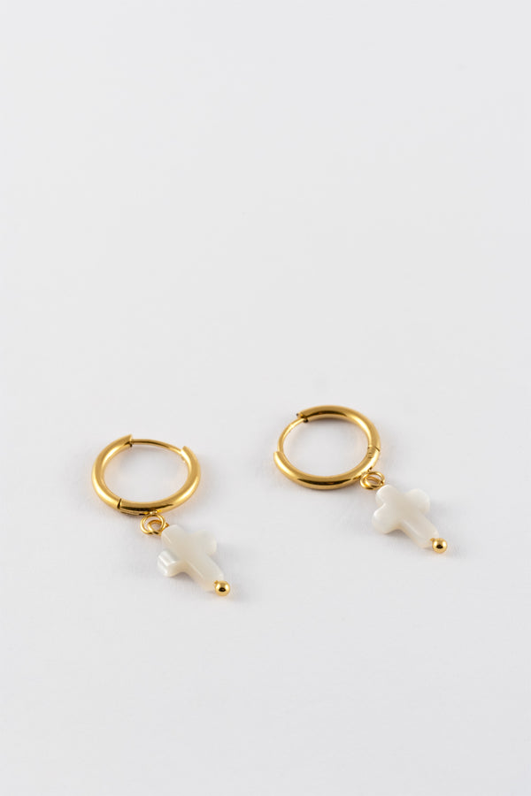 WATERPROOF GOLD CROSS HEART HUGGIE HOOPS