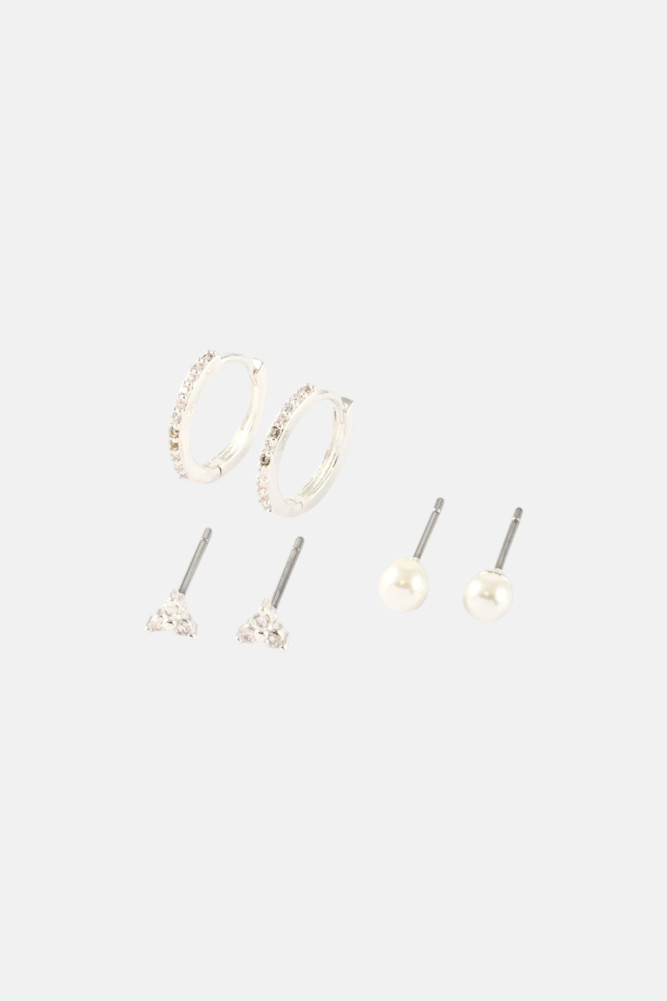 SILVER GLASS PEARL AND PAVE HUGGIE 3 PACK EARRING