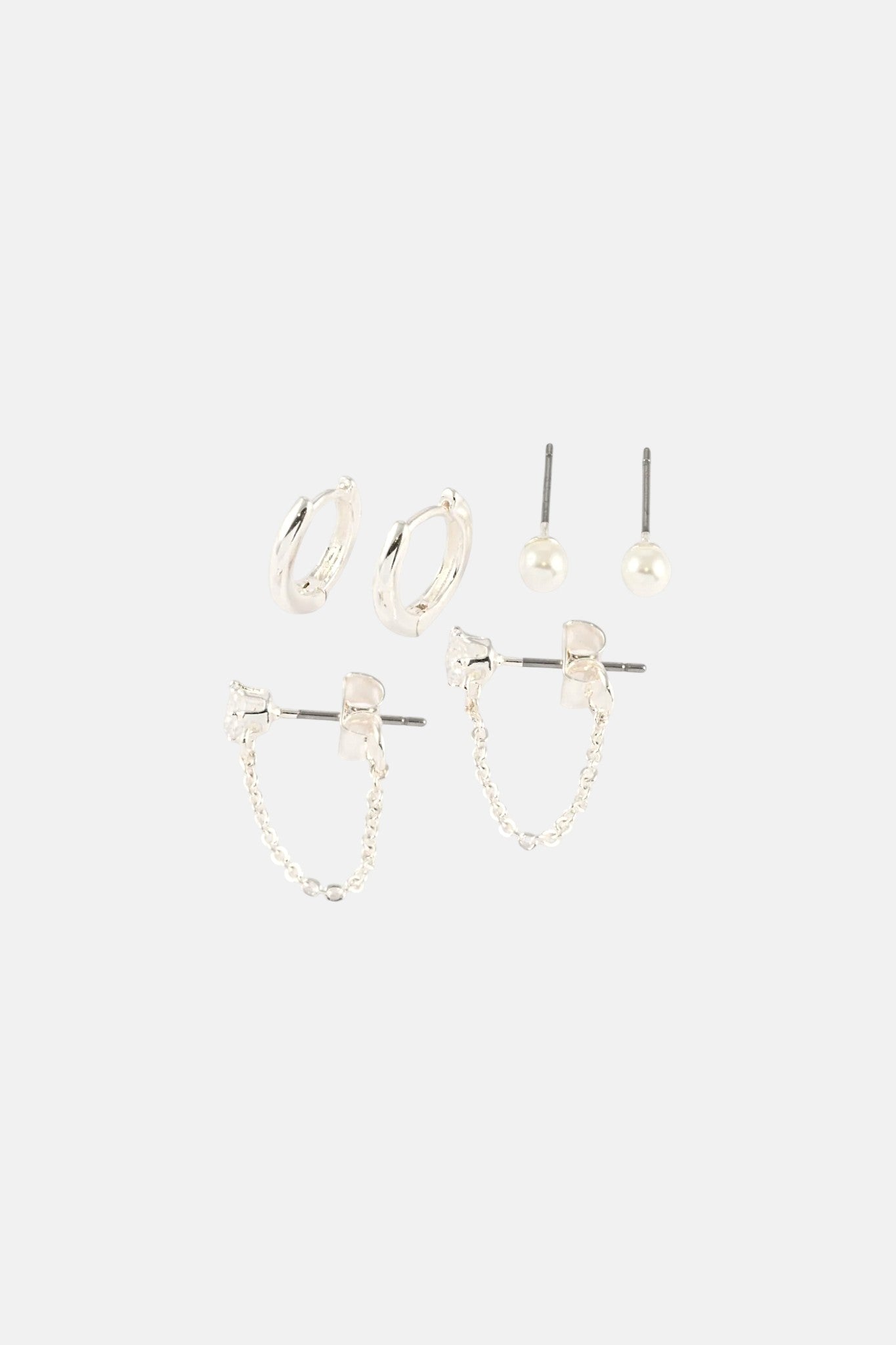 SILVER GLASS PEARL LOOP CHAIN 3 PACK EARRING