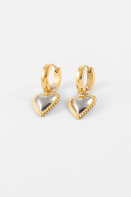 TWO TONE HEART CHARM HUGGIE EARRING