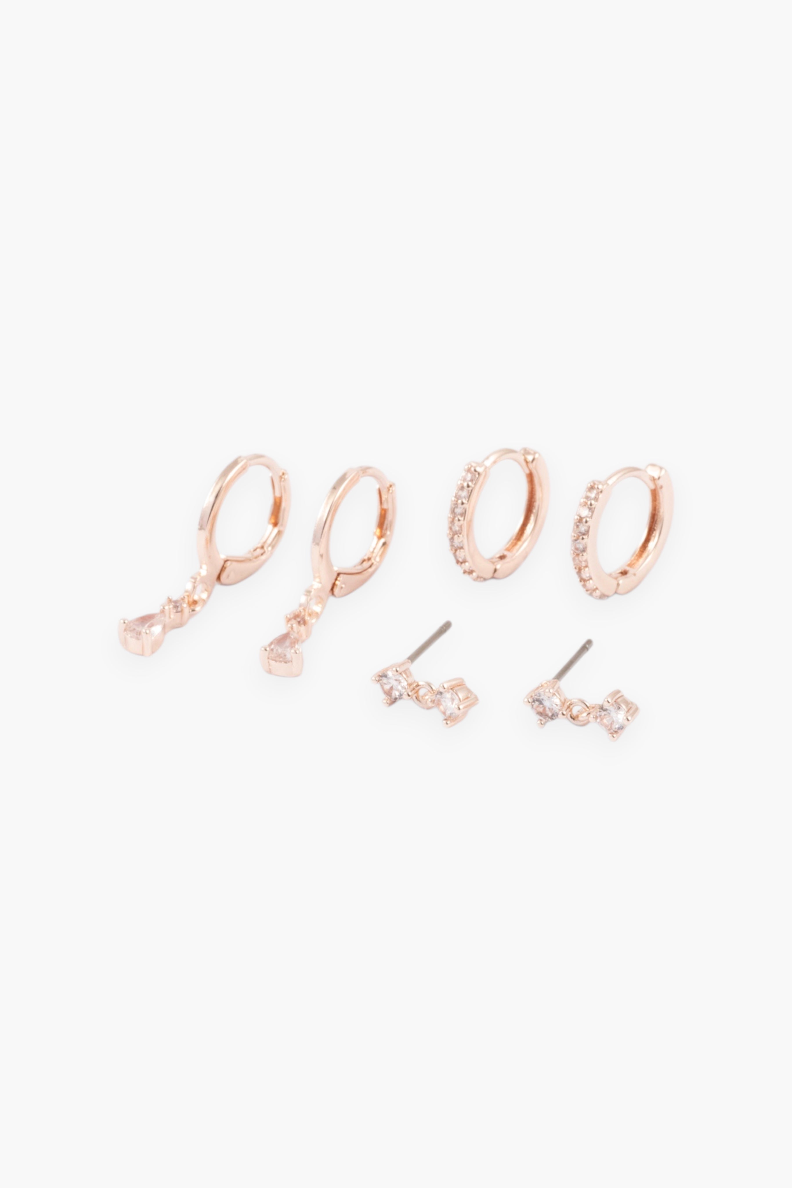 ROSE GOLD CZ PEAR DROP AND PAVE HUGGIE 3 PACK