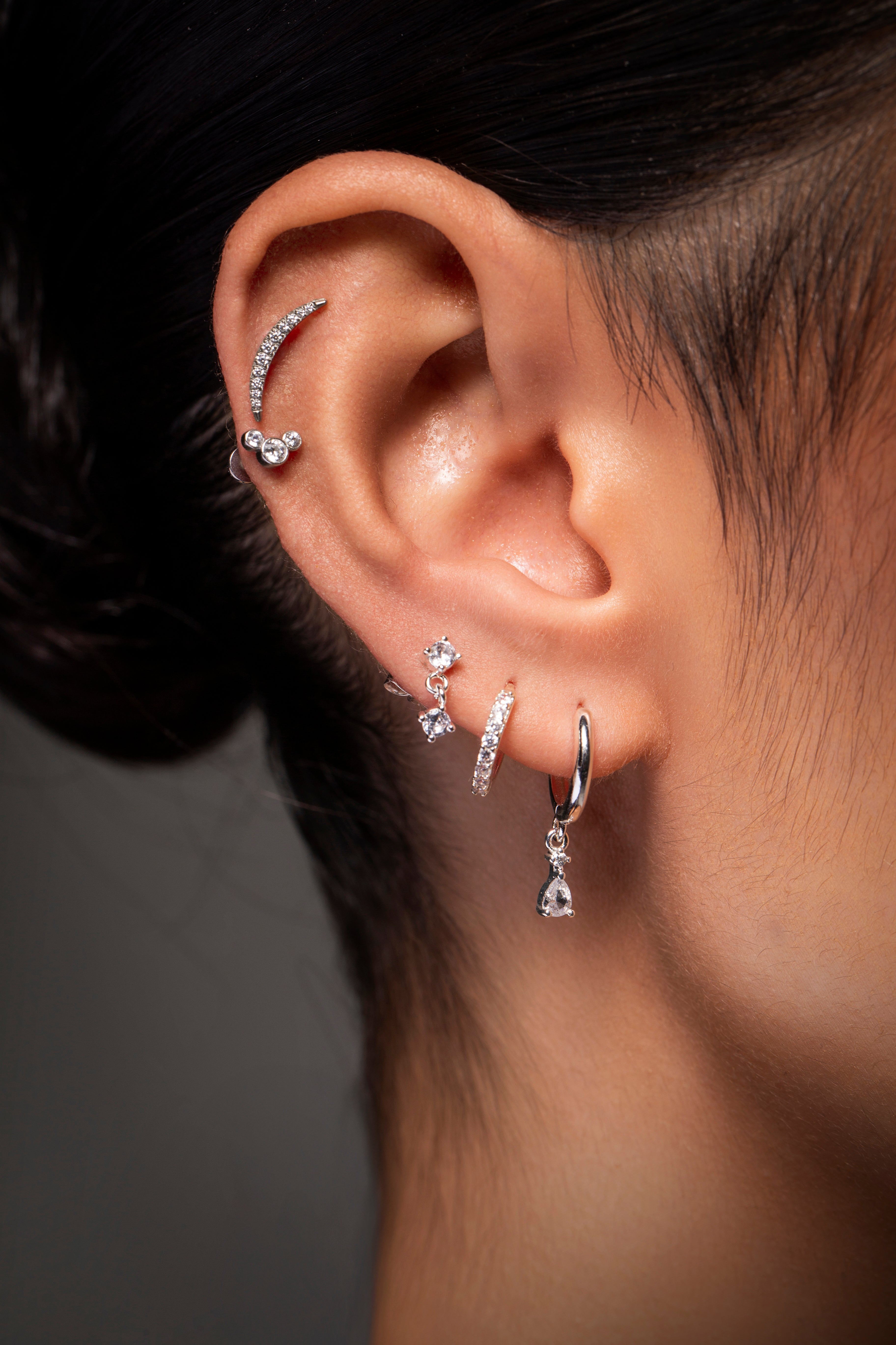 SILVER CZ PEAR DROP AND PAVE HUGGIE 3 PACK
